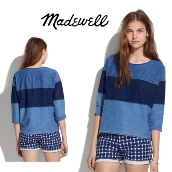 Madewell Indigo Ink Sweatshirt Top Colorblock XS 3/4 Sleeve  Blue Denim - Picture 1 of 7